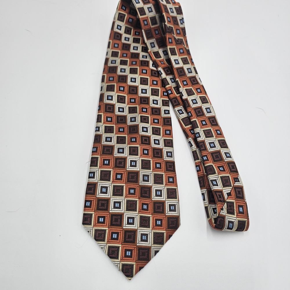 San Lorenzo 100% Silk Tie‎ Brown Orange Geometric Square Pattern Retro Y2K Style